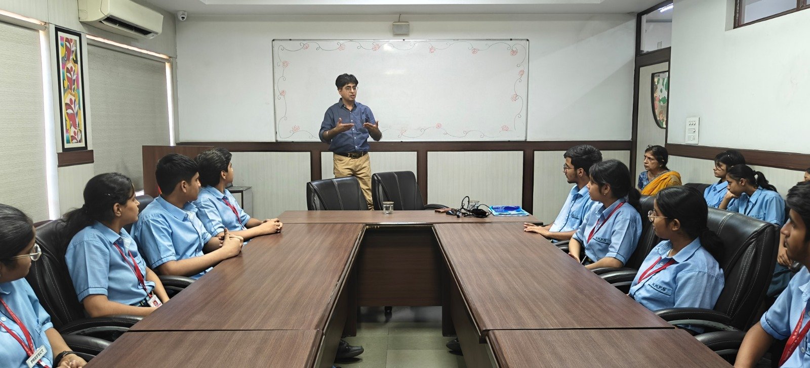 Rajeev Vashista conducting a workshop on attention and distraction at M M Public School, Pitam Pura